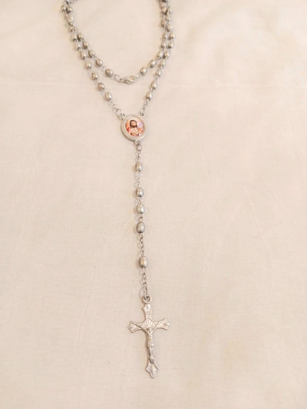 Silver-tone Rosary Necklace 22" with Sacred Heart Medallion